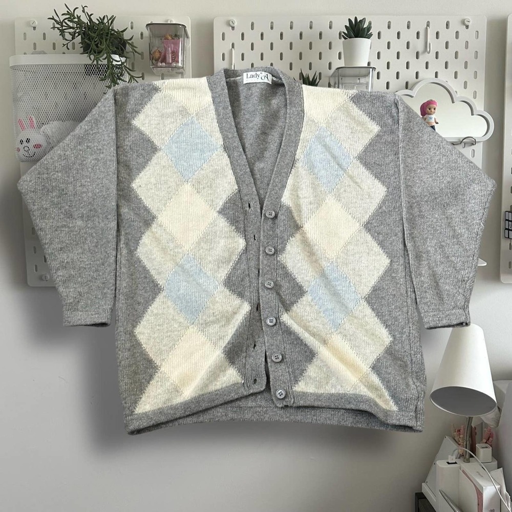 Vintage Gray with white and light blue Argyle Low neck button down by Lady A